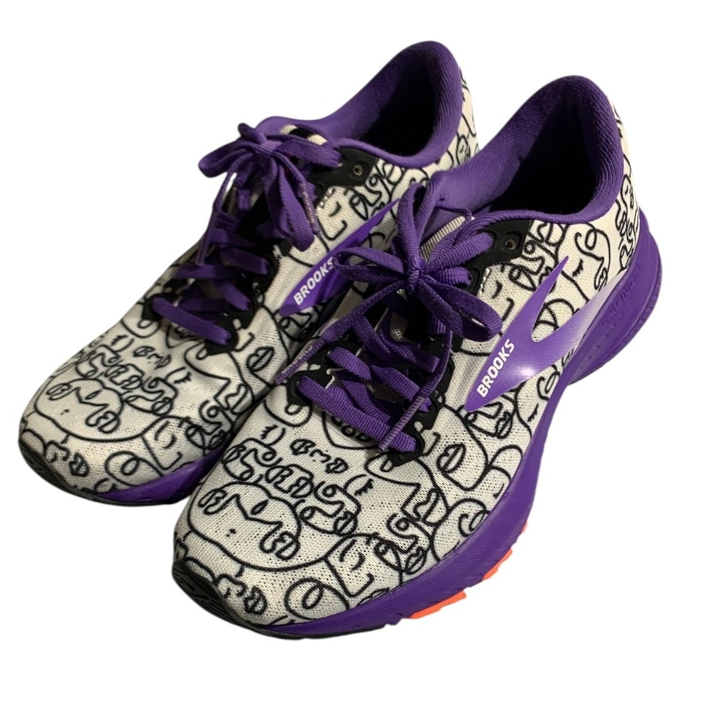 Brooks Launch 7 Running Shoes Womens 7.5 Purple Black White Doodle Face
